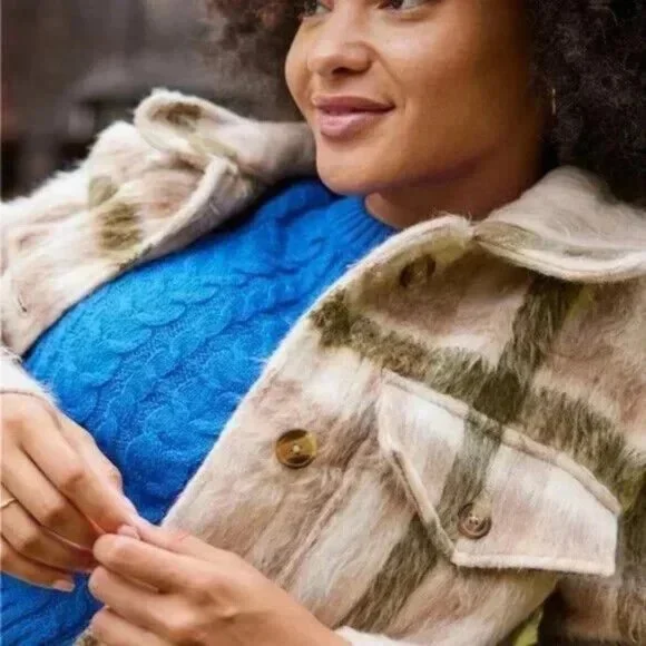 American Eagle Size Small Brushed Plaid Oversized Shacket Jacket Cream NWT $90 - Picture 2 of 16